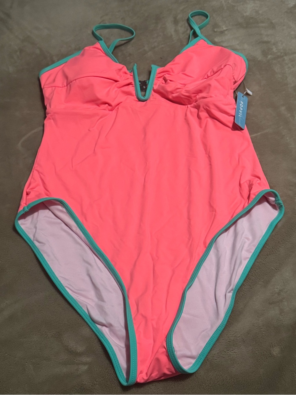 Women’s Neon Coral One-Piece Swimsuit with Teal Trim